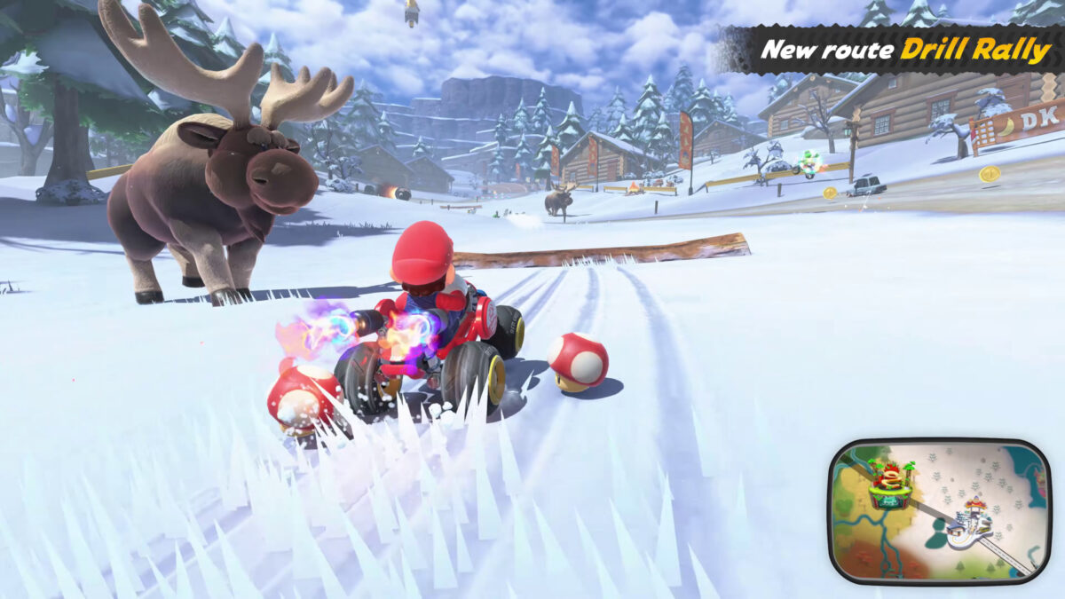 Mario driving a kart through a snowy environment alongside a large moose obstacle.