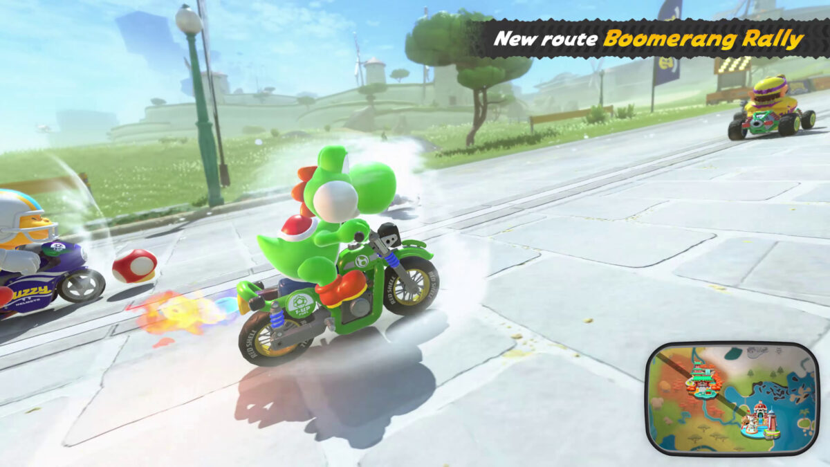 Yoshi drifting a motorcycle around a corner during a Boomerang Rally race on Nintendo Switch 2.