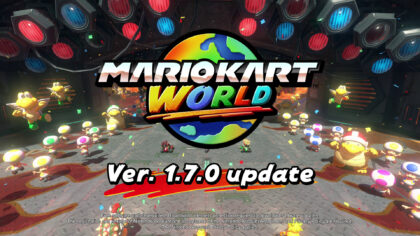 Mario Kart World Update 1.7.0 official title splash screen with Toads and Koopas celebrating.