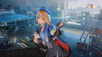 Papasha holding a wrench in a vehicle workshop in Girls’ Frontline 2: Exilium.