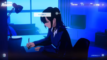 Reina Amehara writes at a table inside her apartment in Rain98.
