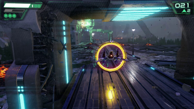 Fox McCloud flying the Arwing through a repair ring during a tight flight section in Star Fox (2026).