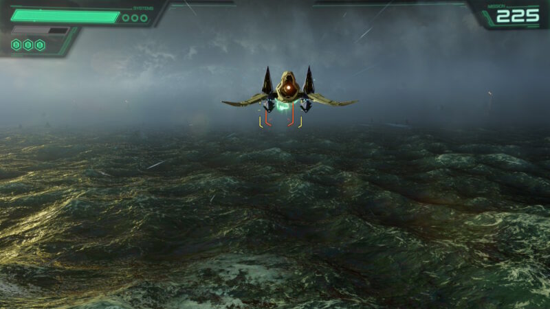 Two Arwings flying low over a turbulent, toxic green ocean under a stormy grey sky on planet Zoness in the Star Fox Switch 2 remake.