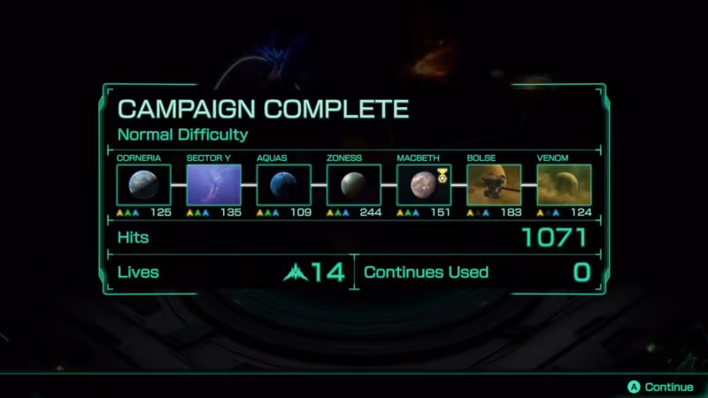Campaign complete screen in Star Fox (2026) showing the completed route through the Lylat System and final mission statistics.