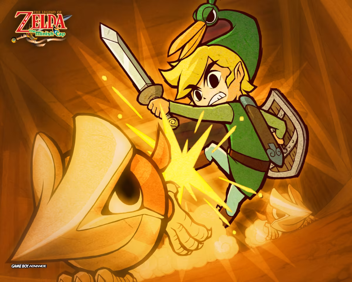 The Legend of Zelda: The Minish Cap promotional artwork featuring Link fighting a Minish enemy